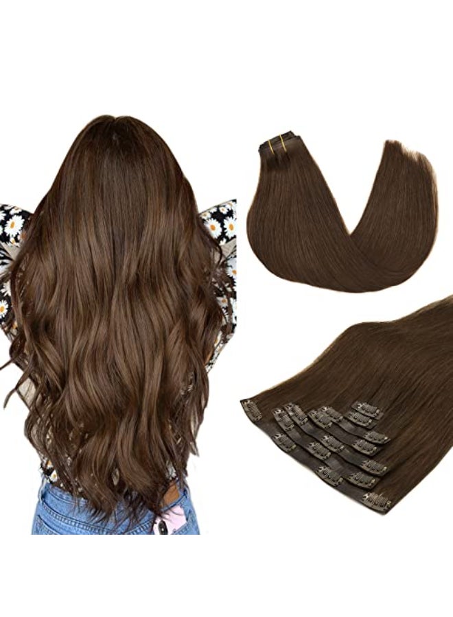 MAXITA Seamless Clip in Hair Extensions Human Hair 7pcs 110g 14 Inch Chocolate Brown Hair Extensions Clip in Human Hair Extensions Invisible Weft Remy Straight Hair Extensions for Woman - Image 1