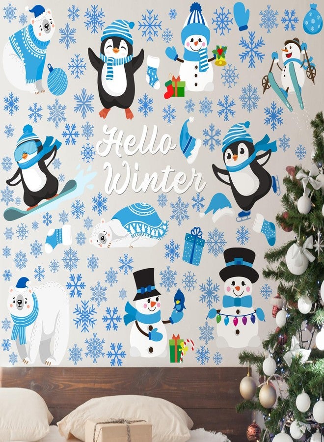 Haull 6 Sheet Hello Winter Wall Decals Christmas Wall Clings Penguin Snowflakes Window Clings Removable Christmas Snowman Art Decals for Xmas Holiday Nursery Bedroom Living Room Decoration - Image 1