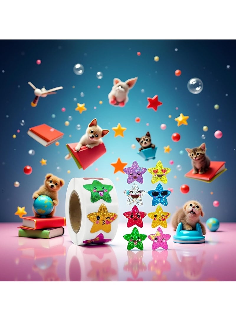 وونكت 500Pcs Multicolor Smiling Stickers  (8 Colors) Teaching Materials,1 Inch Small Star Stickers Roll Self Adhesive Glitter Sparkly Foil Star Holographic - Image 3