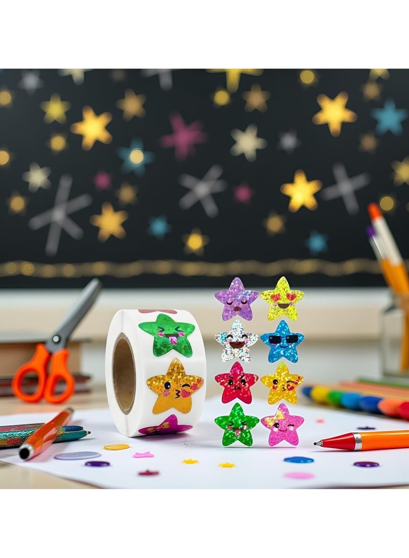 وونكت 500Pcs Multicolor Smiling Stickers  (8 Colors) Teaching Materials,1 Inch Small Star Stickers Roll Self Adhesive Glitter Sparkly Foil Star Holographic - Image 2