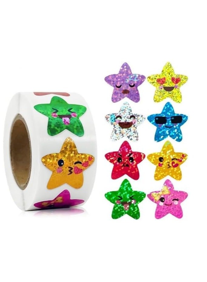 وونكت 500Pcs Multicolor Smiling Stickers  (8 Colors) Teaching Materials,1 Inch Small Star Stickers Roll Self Adhesive Glitter Sparkly Foil Star Holographic - Image 1