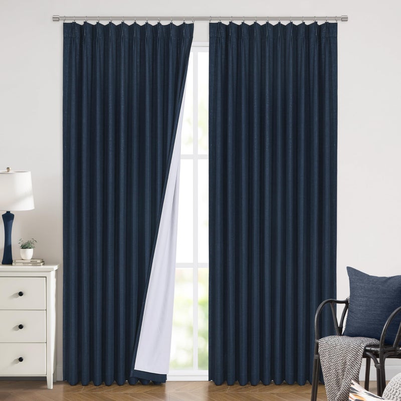 Vision Home Navy Blue Pinch Pleated Full Blackout Curtains Linen Blended Room Darkening Window Panels 108 inch for Living Room Bedroom Thermal Insulated Pinch Pleat Drapes with Hooks 60" Wx108 Lx1 - Image 2