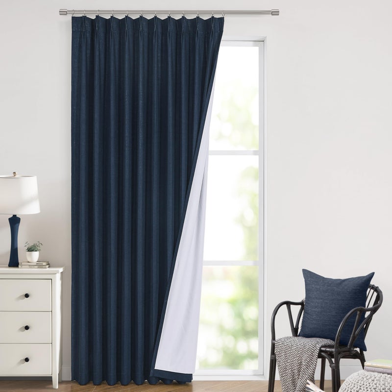 Vision Home Navy Blue Pinch Pleated Full Blackout Curtains Linen Blended Room Darkening Window Panels 108 inch for Living Room Bedroom Thermal Insulated Pinch Pleat Drapes with Hooks 60" Wx108 Lx1 - Image 1