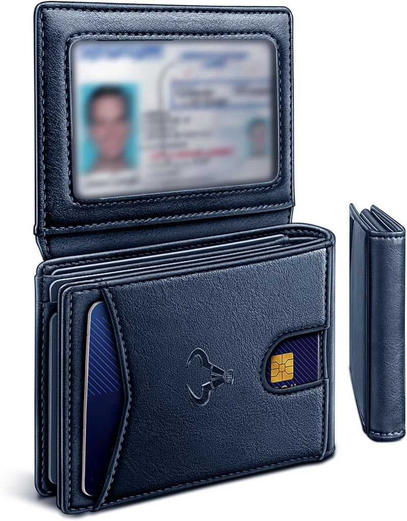 Contacts Slim RFID Blocking Leather Wallet for Men – Minimalist Bifold Card Holder with 11 Slots, ID Window & Cash Pocket – Front Pocket Wallet Gift for Daily Use & Travel (Blue) - Image 1