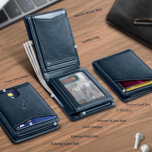 Contacts Slim RFID Blocking Leather Wallet for Men – Minimalist Bifold Card Holder with 11 Slots, ID Window & Cash Pocket – Front Pocket Wallet Gift for Daily Use & Travel (Blue) - Image 2