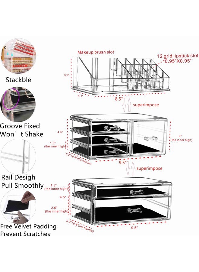 Cq acrylic منظم مكياج للعناية بالبشرة صندوق تخزين شفاف كبير لعرض مستحضرات التجميل قابل للتكديس مع 6 أدراج لزاوية التجميل، مجموعة من 3 - Image 2