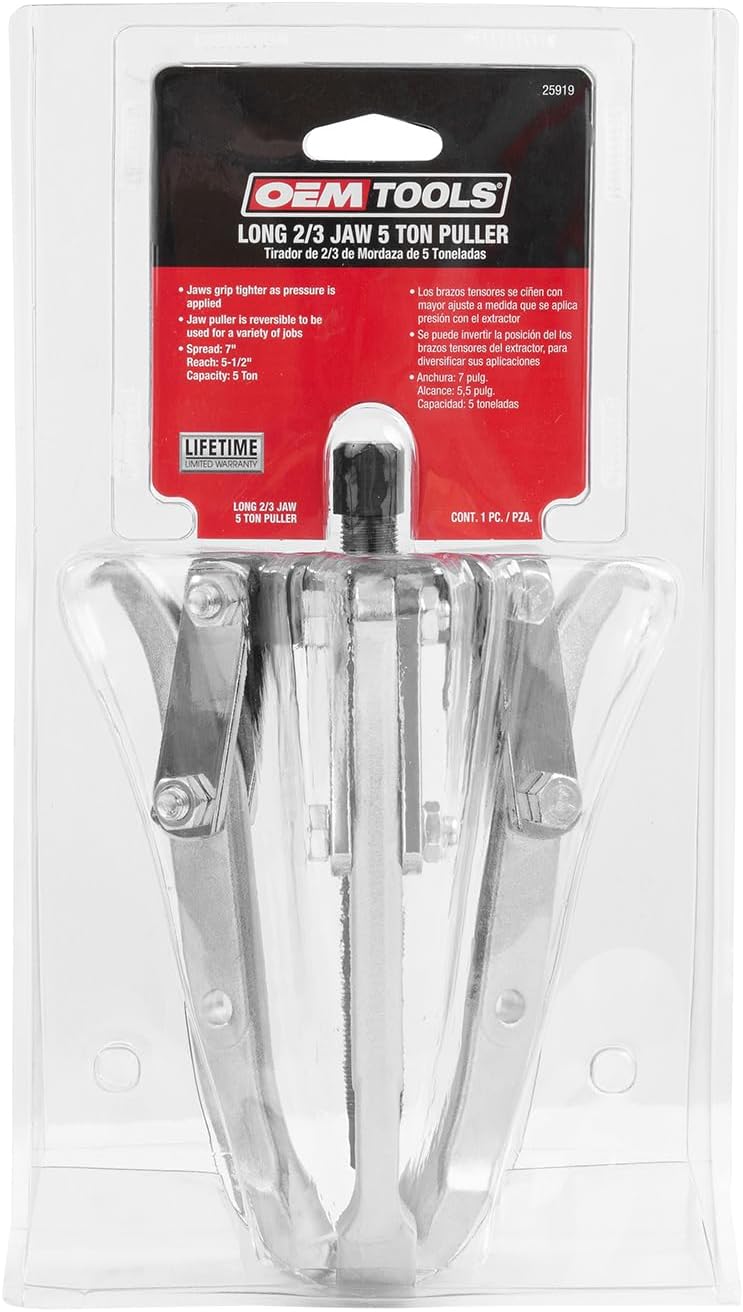 OEMTOOLS 25919 ساحب تروس طويل 2/3، أداة سحب للتروس، البكرات، وأطواق المحامل والعجلات الطائرة من الأعمدة والمساكن، فولاذ سبائكي معالج حرارياً، أقصى انتشار 7 بوصة، أقصى وصول 5-1/2 بوصة - Image 3