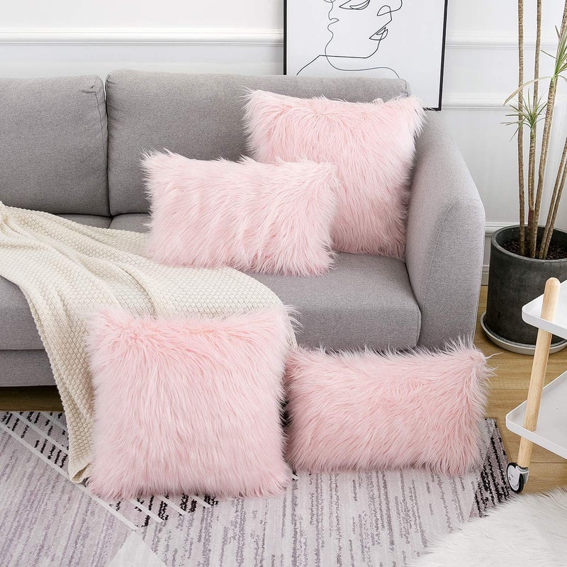 WLNUI Diverse purchase options Set of 2 Pink Fluffy Pillow Covers New Luxury Series Merino Style Blush Faux Fur Decorative Throw Pillow Covers Square Fuzzy Cushion Case 18x18 Inch Consistent steady quality - Image 3