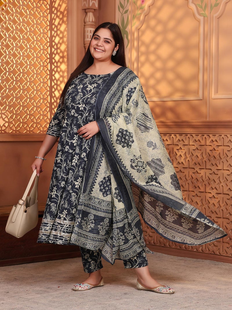 MEERA FAB Plus Size Women's Cotton Printed Anarkali Kurta With Palazzo & Dupatta Set With Dori, Black - Image 3