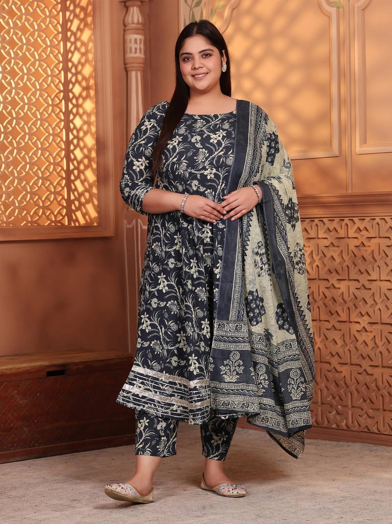 MEERA FAB Plus Size Women's Cotton Printed Anarkali Kurta With Palazzo & Dupatta Set With Dori, Black - Image 2