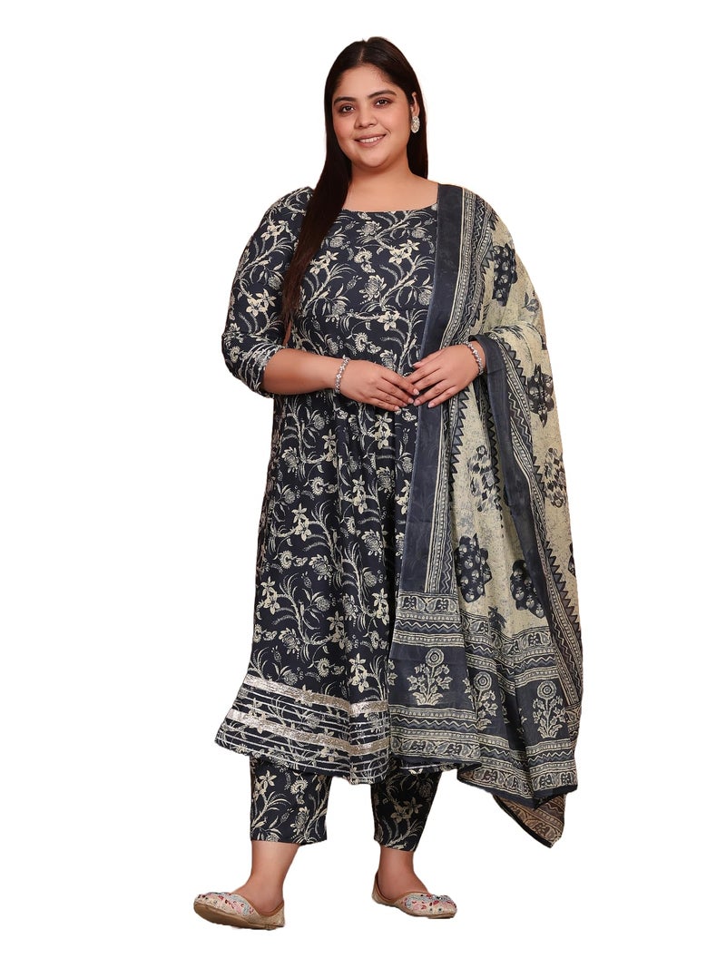 MEERA FAB Plus Size Women's Cotton Printed Anarkali Kurta With Palazzo & Dupatta Set With Dori, Black - Image 1