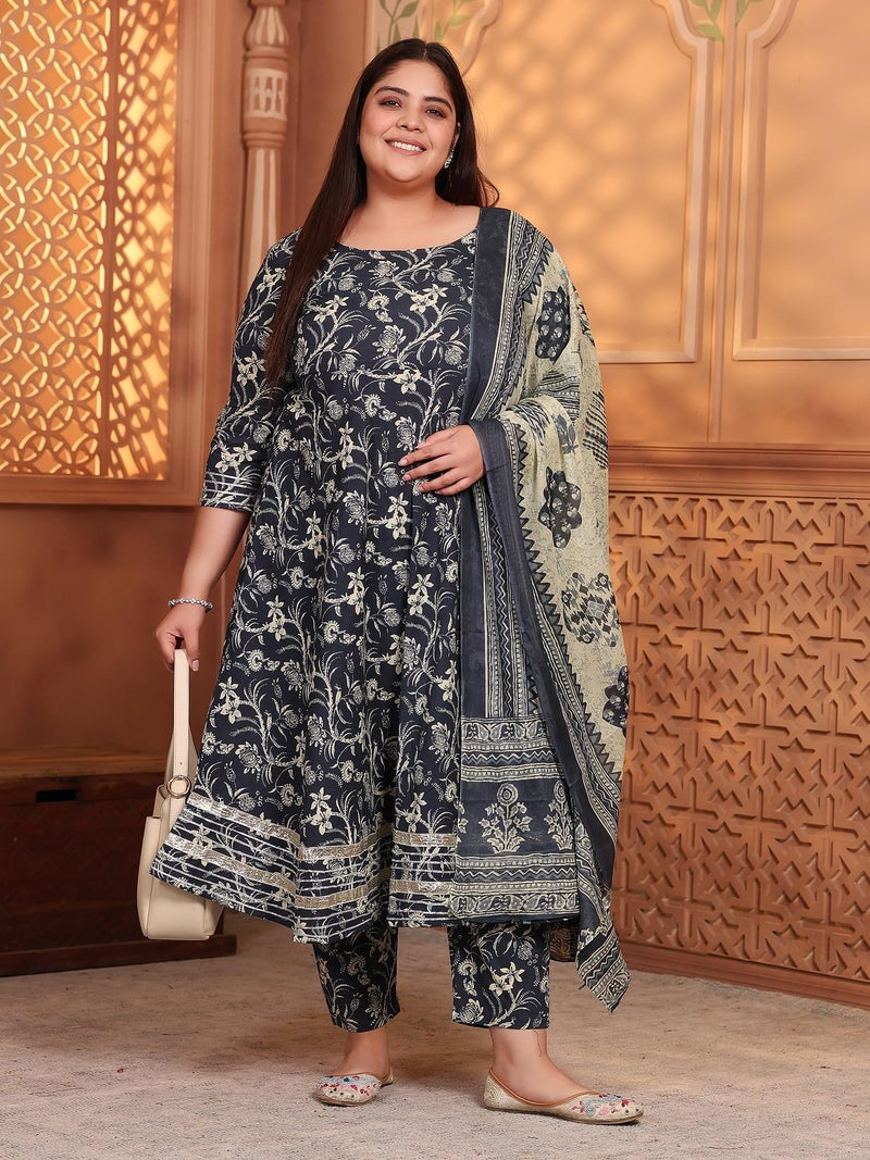 MEERA FAB Plus Size Women's Cotton Printed Anarkali Kurta With Palazzo & Dupatta Set With Dori, Black - Image 4