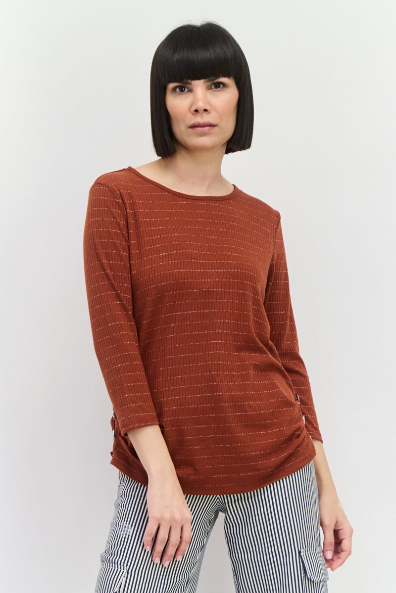 89th + Madison Women Round Neck Stripe Long Sleeve Top, Brown - Image 1