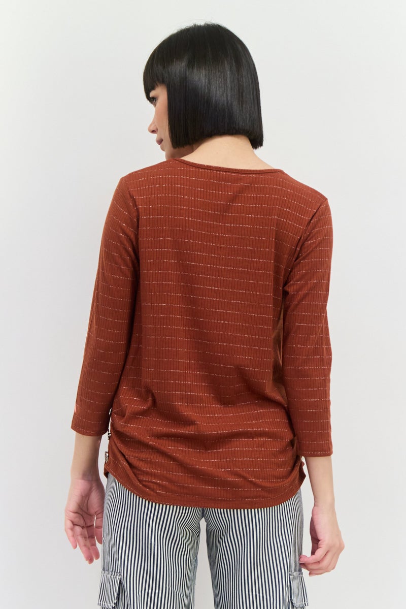 89th + Madison Women Round Neck Stripe Long Sleeve Top, Brown - Image 3