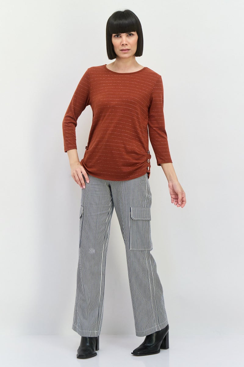 89th + Madison Women Round Neck Stripe Long Sleeve Top, Brown - Image 4