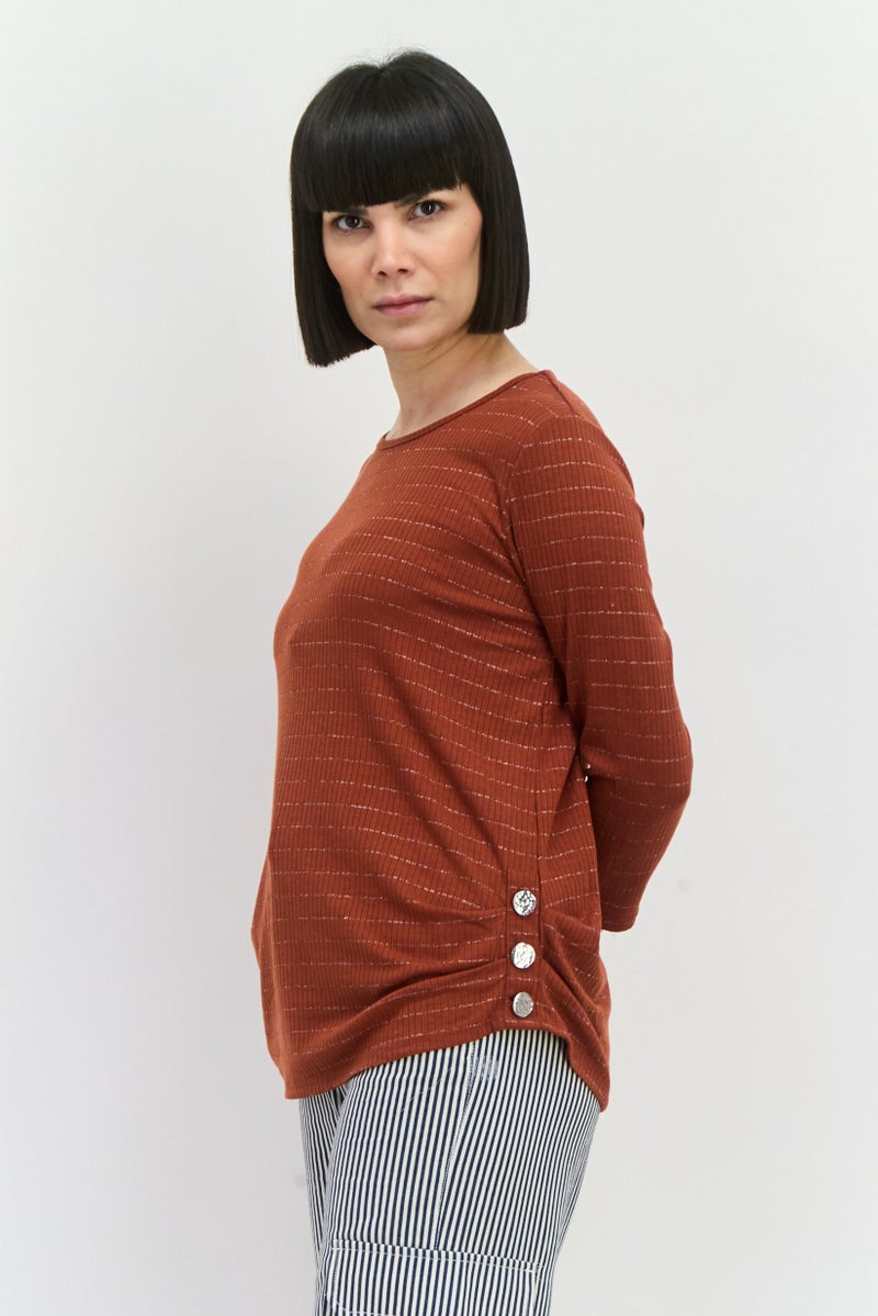 89th + Madison Women Round Neck Stripe Long Sleeve Top, Brown - Image 2