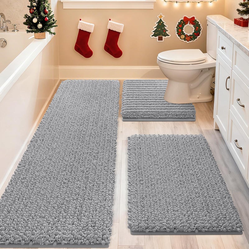ACCUMTEK Upgrade Extra Large Light Grey Bathroom Rug Set 3 Pieces Gray Ultra Soft Thick Absorbent Bath Mats Non Slip Chenille Toilet Mat for Bathroom Bedroom Kitchen