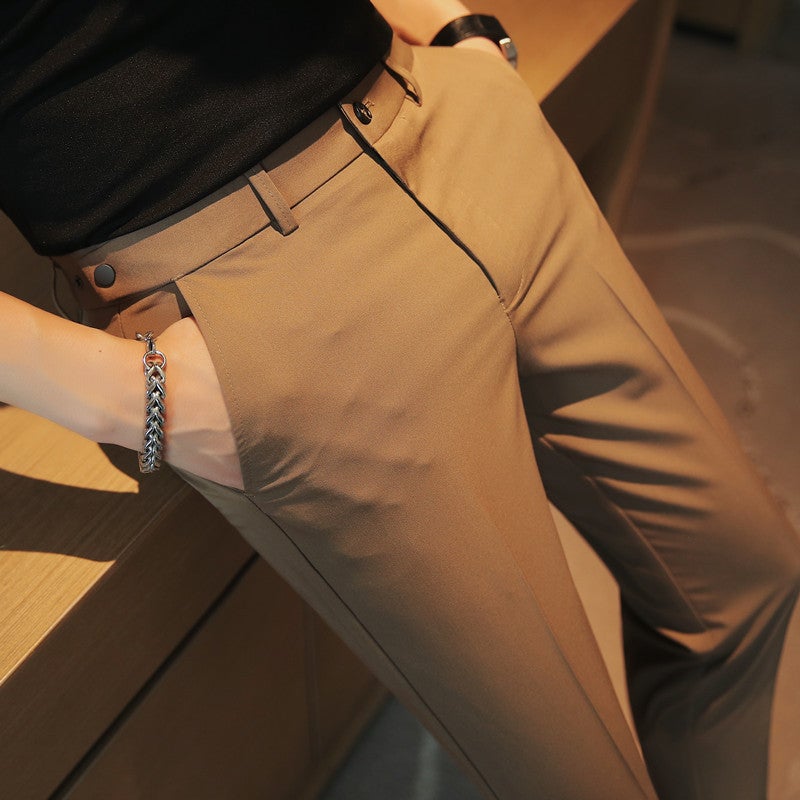 New Korean Style Casual Pants Mens Summer Ankle-length Pants Solid Color Casual Pants Waist Adjusting Slim Quality Pants Brown  - Image 1