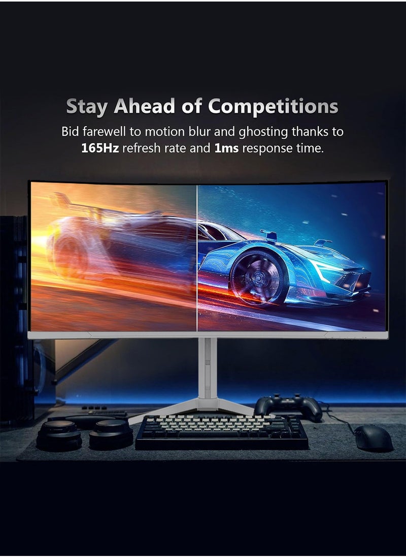HILUKE - 34-Inch Curved Gaming Monitor UWQHD 3440 x 1440 165Hz 1ms(MPRT), HDR, sRGB 125%, Support Wallmount 75x75mm,Curved Computer Screen with FreeSync,HDMI2.1(TMDS) x2,DP1.4 x2 White - Image 1