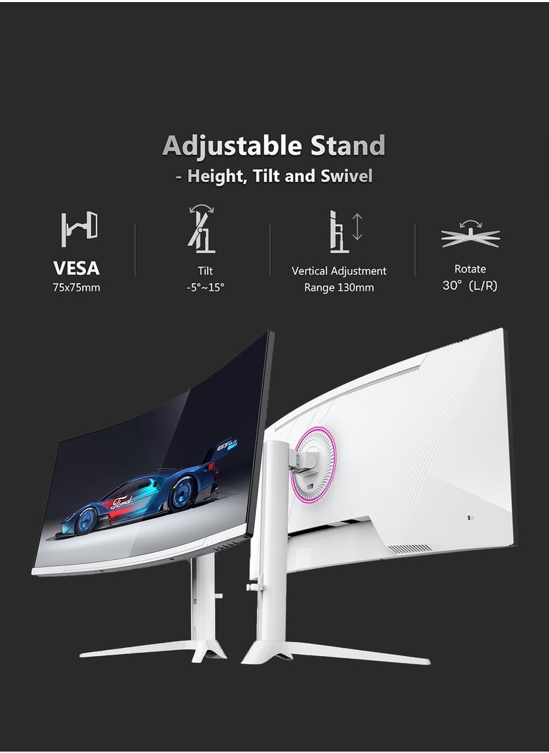 HILUKE - 34-Inch Curved Gaming Monitor UWQHD 3440 x 1440 165Hz 1ms(MPRT), HDR, sRGB 125%, Support Wallmount 75x75mm,Curved Computer Screen with FreeSync,HDMI2.1(TMDS) x2,DP1.4 x2 White - Image 1