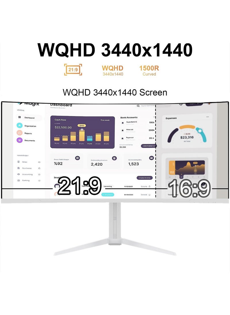 HILUKE - 34-Inch Curved Gaming Monitor UWQHD 3440 x 1440 165Hz 1ms(MPRT), HDR, sRGB 125%, Support Wallmount 75x75mm,Curved Computer Screen with FreeSync,HDMI2.1(TMDS) x2,DP1.4 x2 White - Image 1