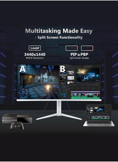 HILUKE 34-Inch Curved Gaming Monitor UWQHD 3440 x 1440 165Hz 1ms(MPRT), HDR, sRGB 125%, Support Wallmount 75x75mm,Curved Computer Screen with FreeSync,HDMI2.1(TMDS) x2,DP1.4 x2 White  - Image 4