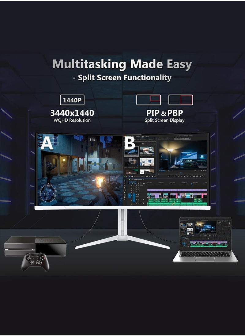 HILUKE - 34-Inch Curved Gaming Monitor UWQHD 3440 x 1440 165Hz 1ms(MPRT), HDR, sRGB 125%, Support Wallmount 75x75mm,Curved Computer Screen with FreeSync,HDMI2.1(TMDS) x2,DP1.4 x2 White - Image 1
