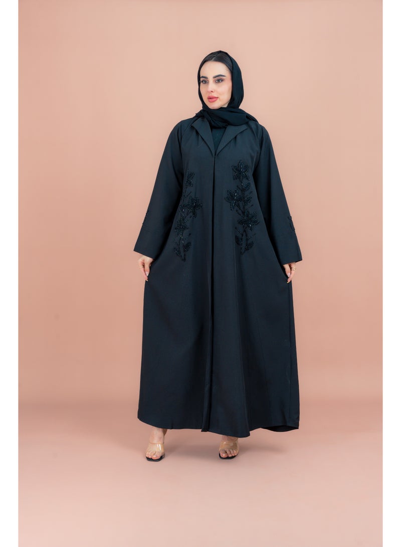 IKKXA Traditional Crystal Floral Design Abaya AIK042 Black - Image 1