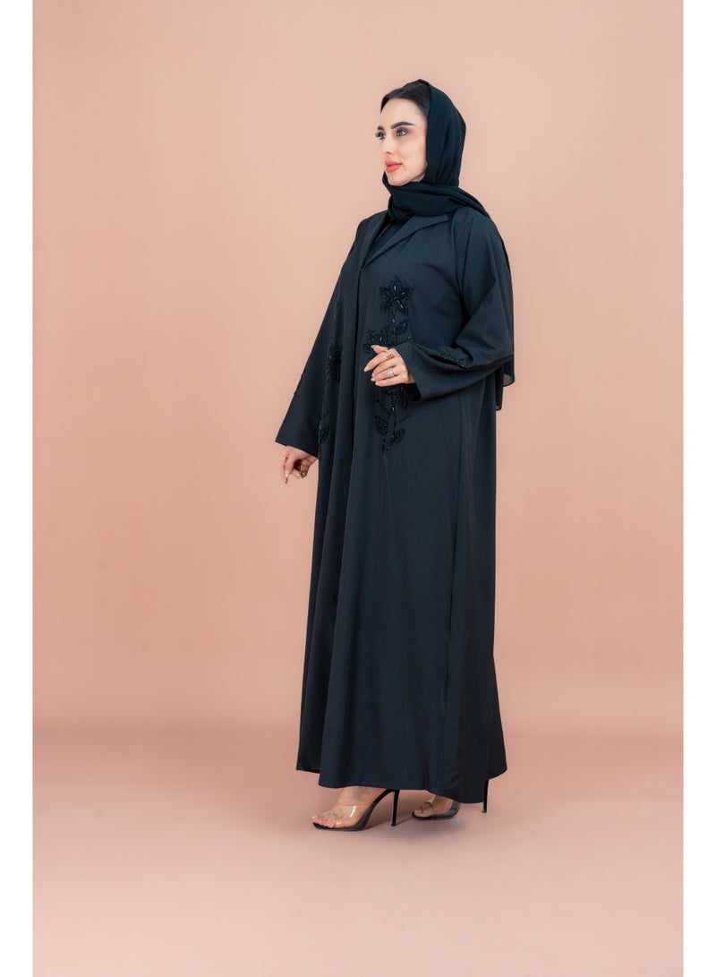 IKKXA Traditional Crystal Floral Design Abaya AIK042 Black - Image 3