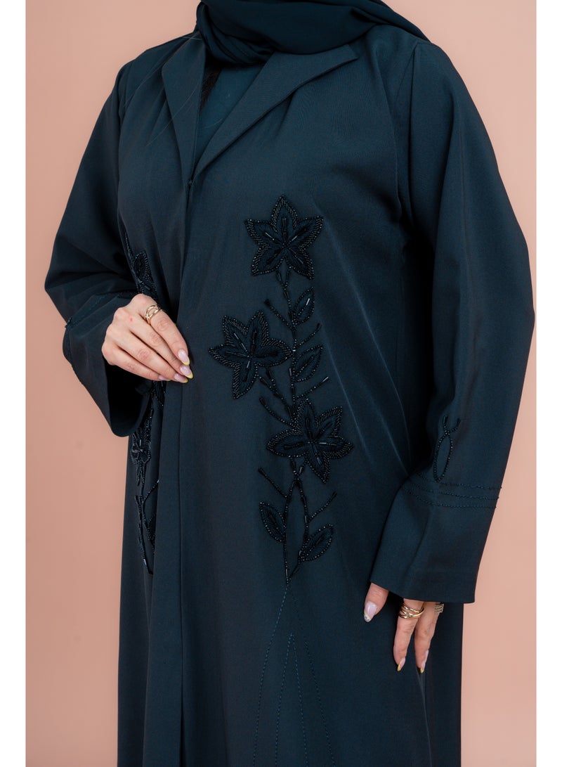 IKKXA Traditional Crystal Floral Design Abaya AIK042 Black - Image 2