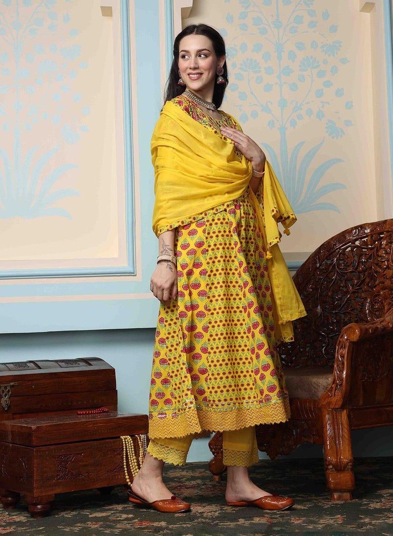 ISHIN Women's Mustard 100% Cotton Embellished Regular Fit Kurta Set - Image 1