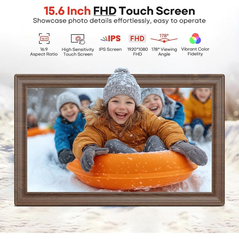 BIGASUO 64GB 15.6 Frameo Digital Picture Frame WiFi, Large Electronic Photo Frames Wood 1920 x 1080 IPS FHD Touch Screen, Send Photos from Your Phone from Anywhere, Best Gifts for Family and Friends - Image 4