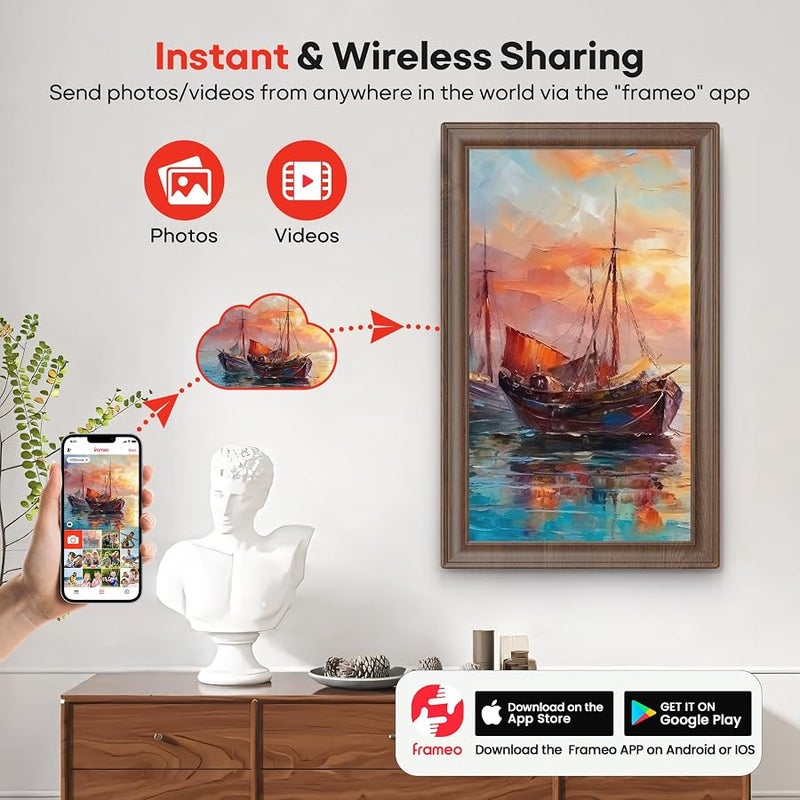 BIGASUO 64GB 15.6 Frameo Digital Picture Frame WiFi, Large Electronic Photo Frames Wood 1920 x 1080 IPS FHD Touch Screen, Send Photos from Your Phone from Anywhere, Best Gifts for Family and Friends - Image 2