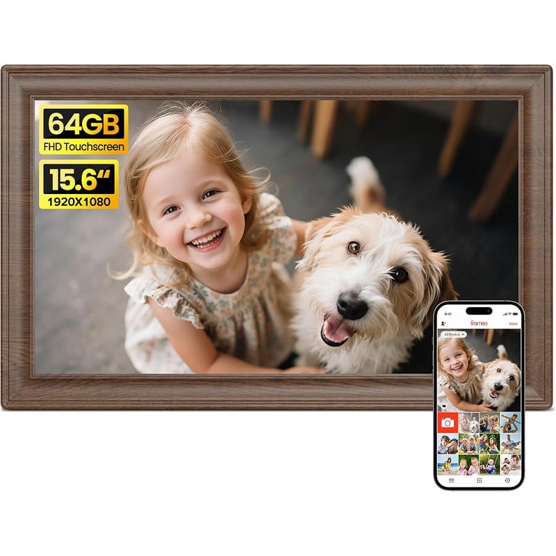 BIGASUO 64GB 15.6 Frameo Digital Picture Frame WiFi, Large Electronic Photo Frames Wood 1920 x 1080 IPS FHD Touch Screen, Send Photos from Your Phone from Anywhere, Best Gifts for Family and Friends - Image 1