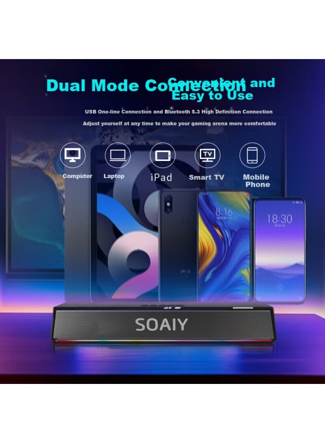 SOAIY Sh02 Bluetooth Computer Long Speaker, Home Desktop Subwoofer, Multimedia Laptop Speaker, Wired Mini Portable Gaming Speaker, Rgb Cool Lighting Effects, Black - Image 4
