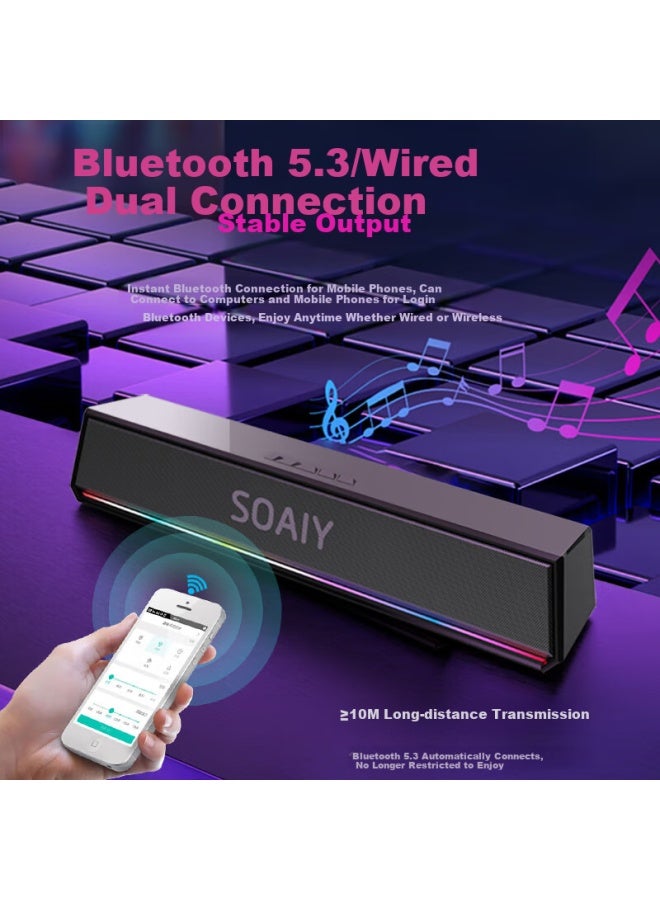 SOAIY Sh02 Bluetooth Computer Long Speaker, Home Desktop Subwoofer, Multimedia Laptop Speaker, Wired Mini Portable Gaming Speaker, Rgb Cool Lighting Effects, Black - Image 3