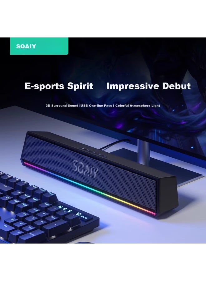SOAIY Sh02 Bluetooth Computer Long Speaker, Home Desktop Subwoofer, Multimedia Laptop Speaker, Wired Mini Portable Gaming Speaker, Rgb Cool Lighting Effects, Black - Image 1