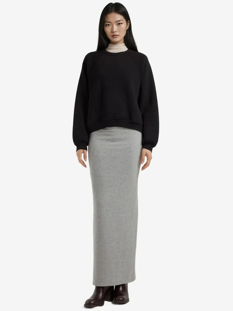 Hiccup Light Grey Elastic Waist Soft Textured Skirt with Slit for Women | Best Price UAE