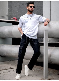 Maniac Maniac Men Spray Print Round Neck 3/4th Sleeve White and Grey Cotton Oversized T-Shirt  - Image 5