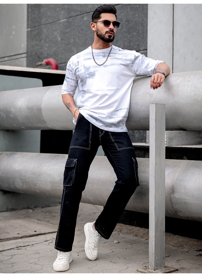 Maniac Maniac Men Spray Print Round Neck 3/4th Sleeve White and Grey Cotton Oversized T-Shirt  - Image 5