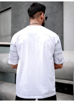 Maniac Maniac Men Spray Print Round Neck 3/4th Sleeve White and Grey Cotton Oversized T-Shirt  - Image 3