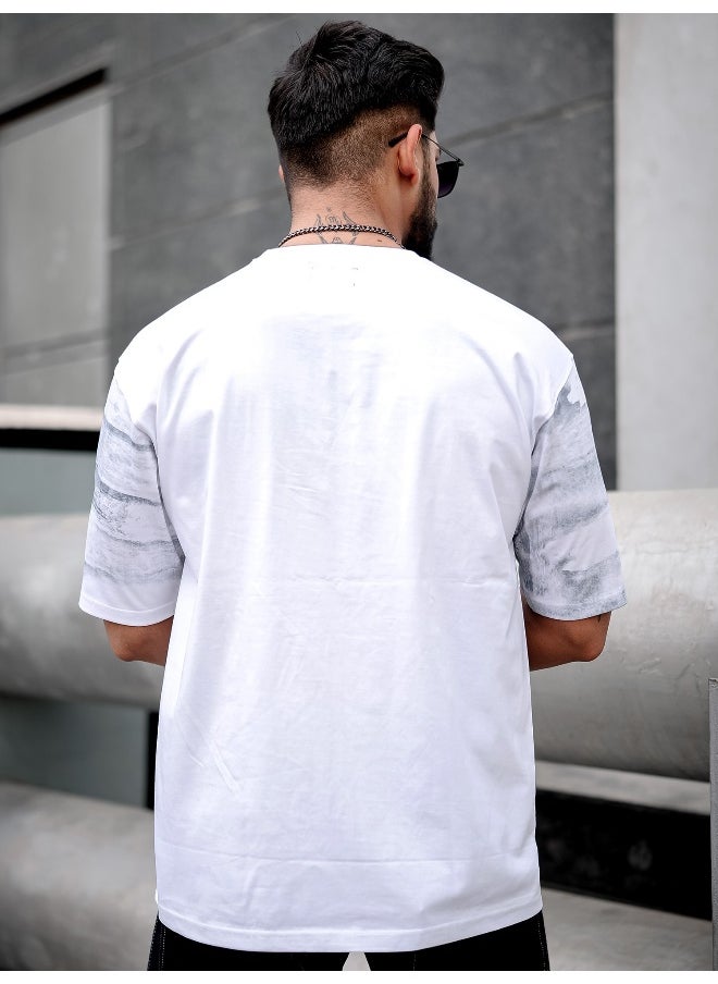 Maniac Maniac Men Spray Print Round Neck 3/4th Sleeve White and Grey Cotton Oversized T-Shirt  - Image 3