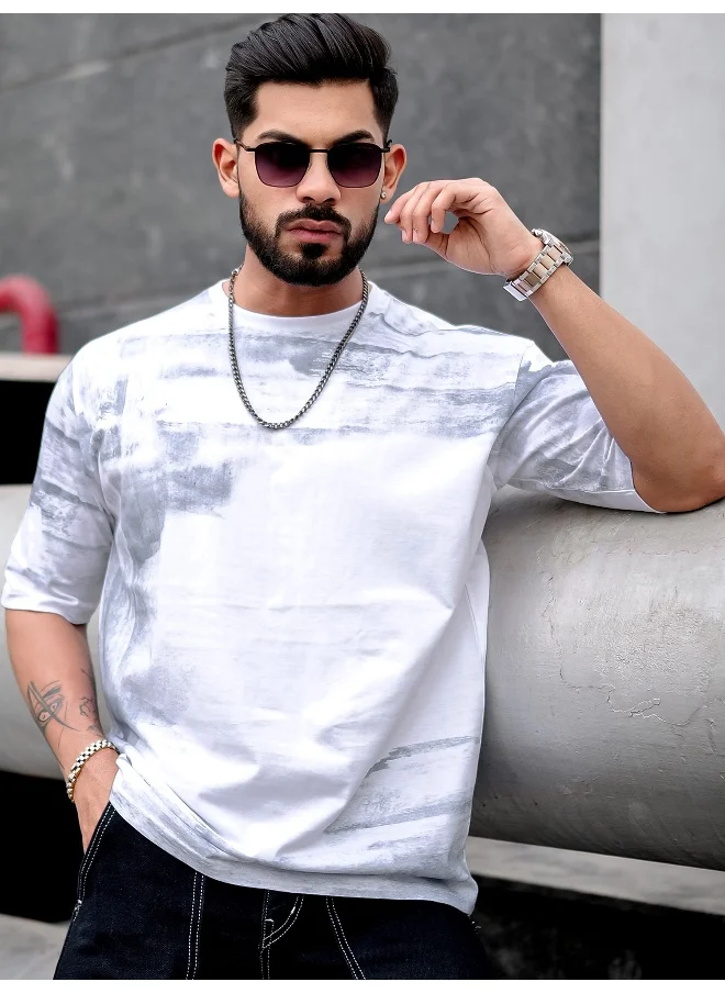 مانياك Maniac Men Spray Print Round Neck 3/4th Sleeve White and Grey Cotton Oversized T-Shirt