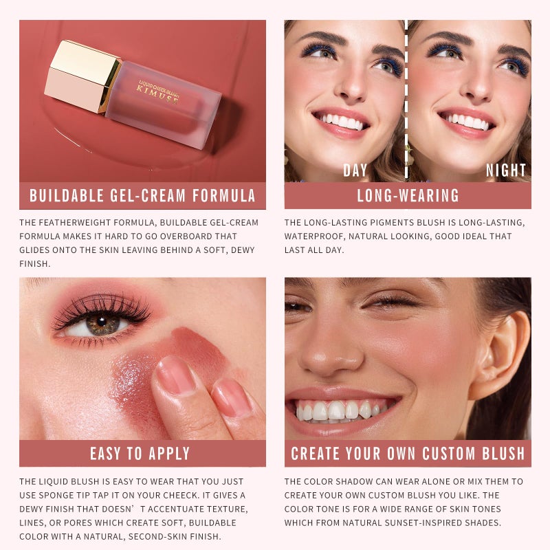 KIMUSE Liquid Blush, Long-Wearing Pigmented Soft Cream Face Blush, Waterproof, Smudge Proof, Dewy Finish - Image 2