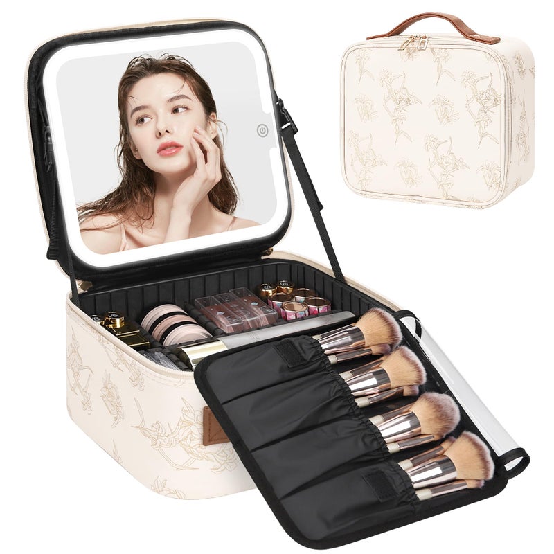 Relavel Travel Makeup Bag With LED Mirror, Portable Cosmetic Organizer Bag with Adjustable Brightness in 3 Color Scenarios, Small Train Case with Detachable Dividers for Trip- Lily Flower - Image 1