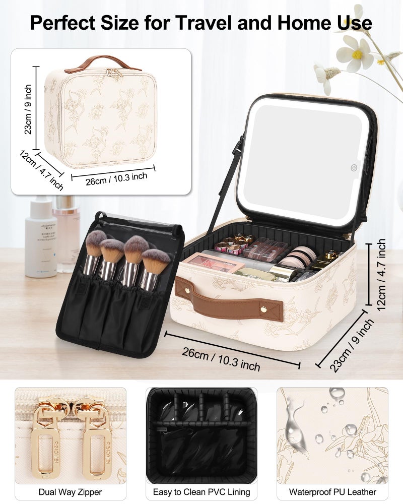 Relavel Travel Makeup Bag With LED Mirror, Portable Cosmetic Organizer Bag with Adjustable Brightness in 3 Color Scenarios, Small Train Case with Detachable Dividers for Trip- Lily Flower - Image 2