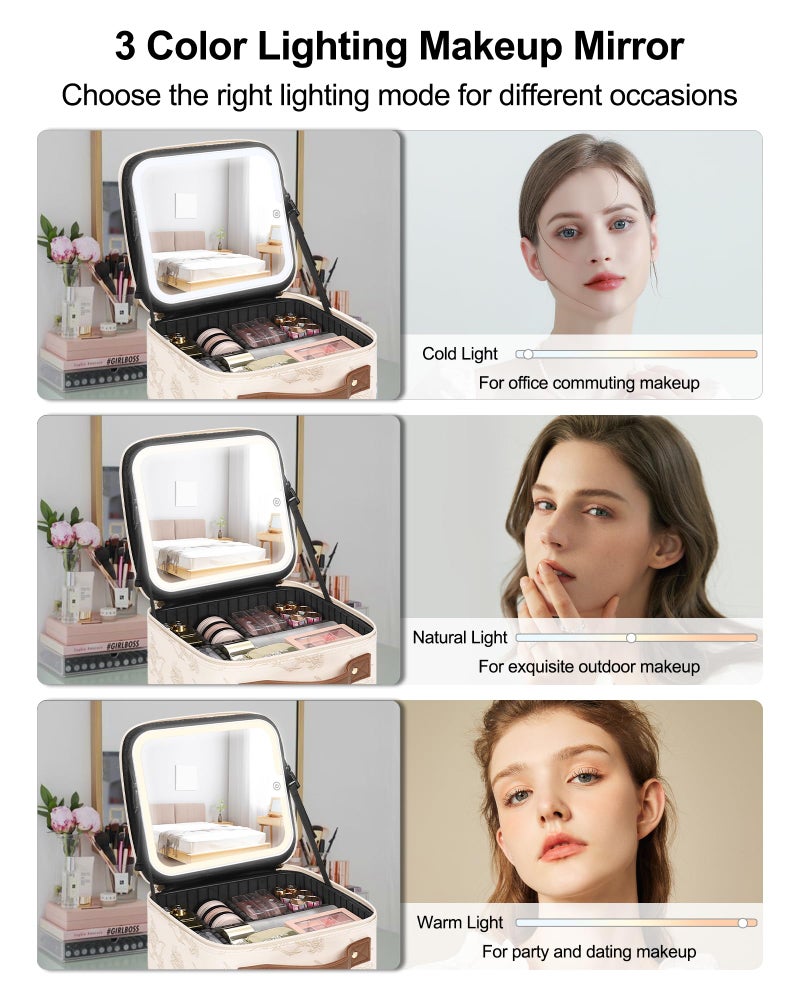 Relavel Travel Makeup Bag With LED Mirror, Portable Cosmetic Organizer Bag with Adjustable Brightness in 3 Color Scenarios, Small Train Case with Detachable Dividers for Trip- Lily Flower - Image 3