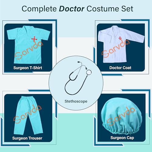 Sarvda Cotton Kids Doctor & Surgeon Costume Set | White Lab Coat, Surgeon Top & Pants, Cap & Working Stethoscope | Community?Helper Fancy Dress For Boys & Girls | School Plays - Image 2