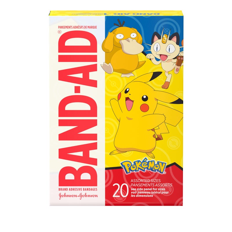 Band-Aid لصقات باند-أيد العلامة التجارية اللاصقة للجروح والخدوش الطفيفة، للعناية بالجروح مع شخصيات بوكيمون للأطفال، أحجام متنوعة 20 قطعة - Image 1