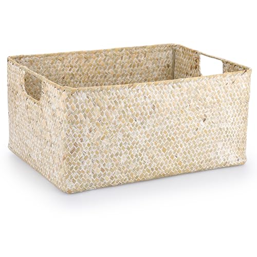 Hipiwe Wicker Shelf Baskets Seagrass Storage Opened Baskets Bin Builtin Handles Rectangular Closet Bedroom Organizer Box Multipurpose Woven Basket Home OrganizerWhitewash146x 106 x 7 - Image 1